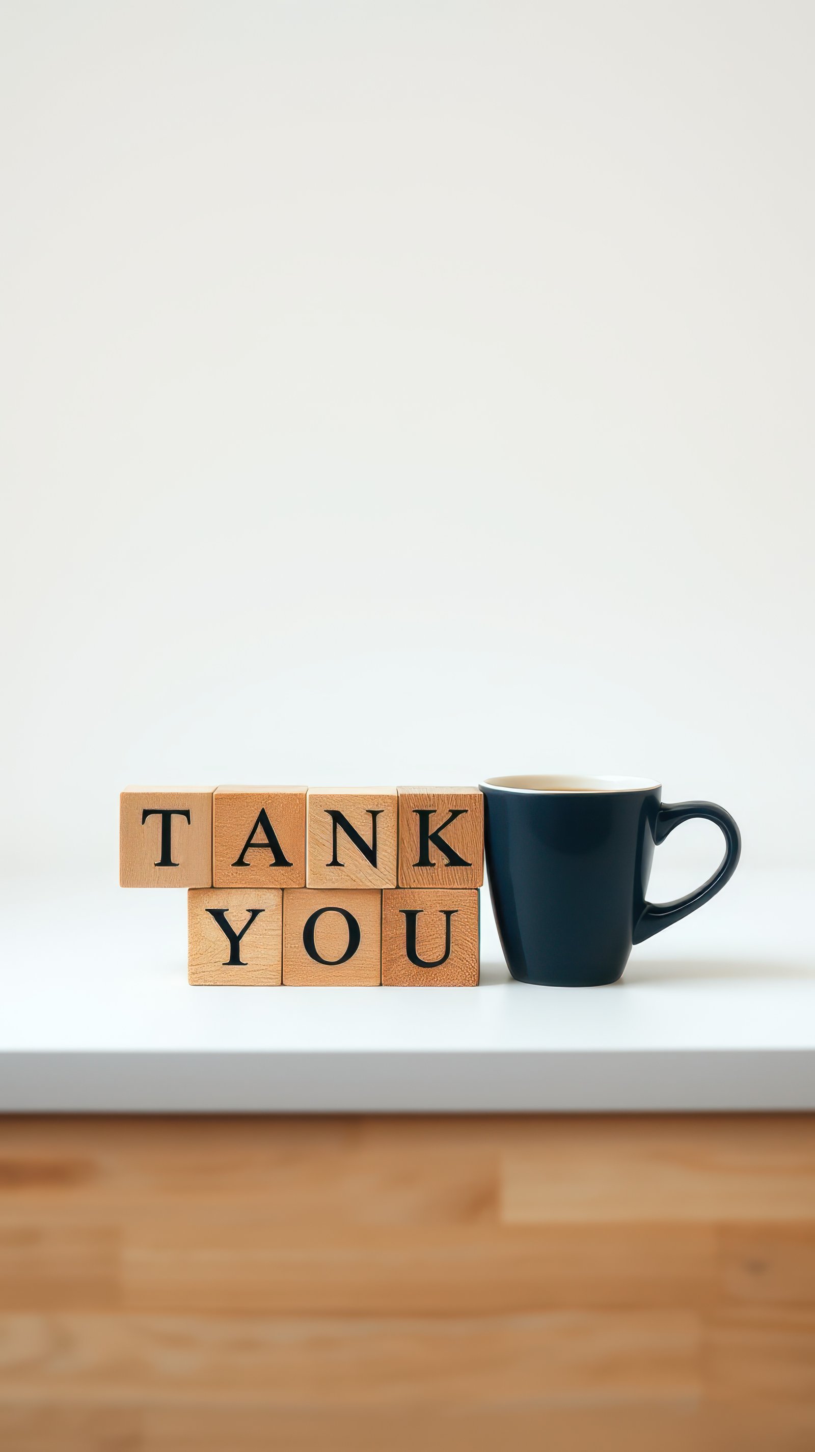 Creative thank you display with wooden blocks and a coffee cup on a minimalist countertop